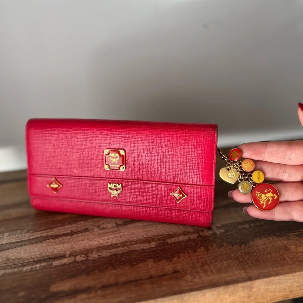 MCM Hot Pink Trifold Leather Wallet with Charms